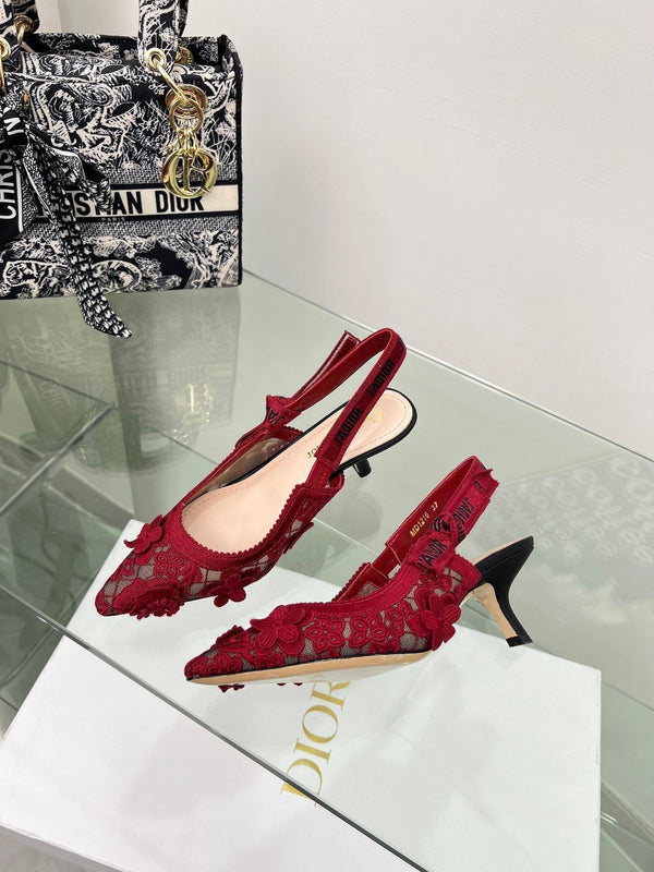 J'Adior Slingback Pump 65mm In Red Floral Embroidered Lace Fabric 100845