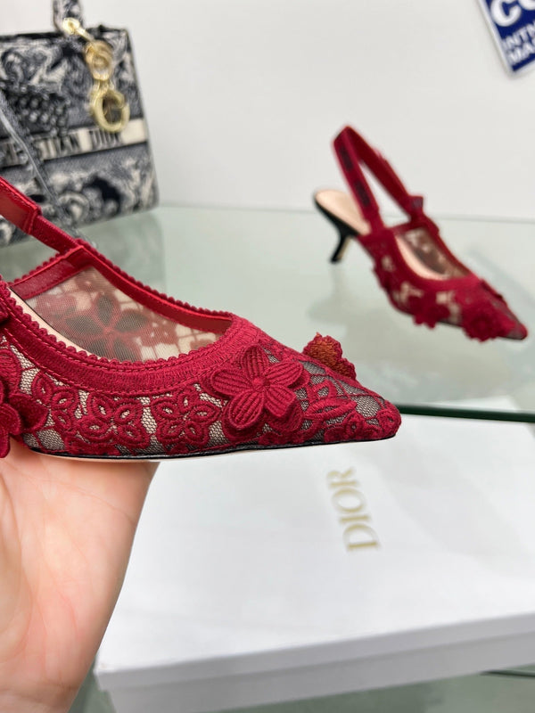 J'Adior Slingback Pump 65mm In Red Floral Embroidered Lace Fabric 100845