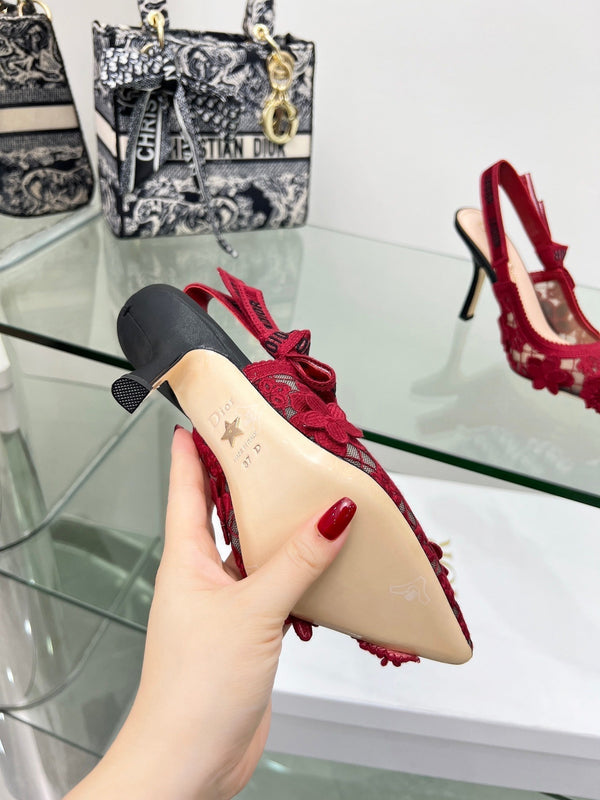 J'Adior Slingback Pump 95mm In Red Floral Embroidered Lace Fabric 100846