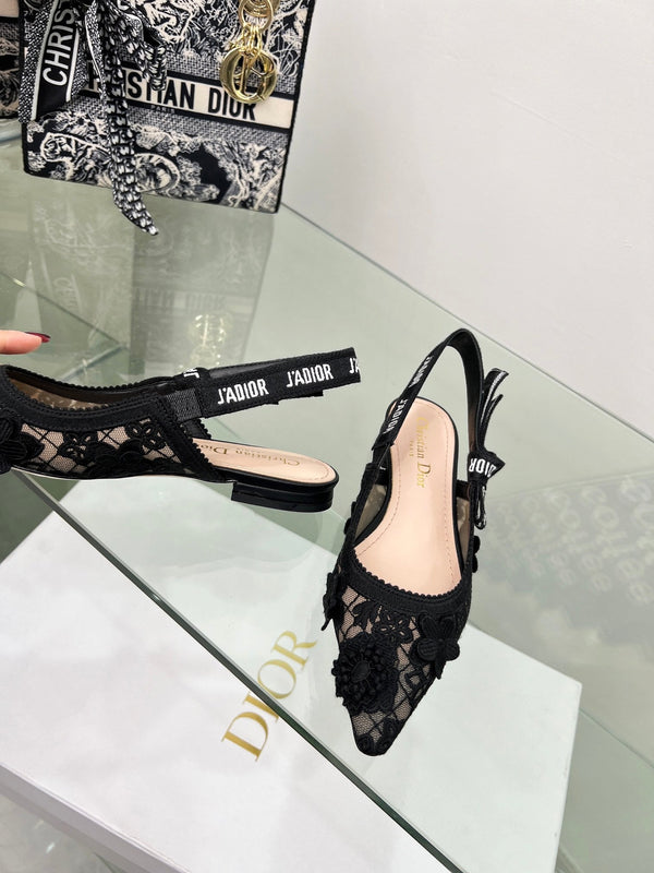 J'Adior Slingback Pump In Black Floral Embroidered Lace Fabric 100848