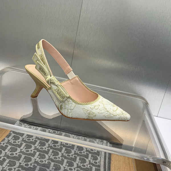 Décolleté JAdior Slingback 65 in cotone ricamato Toile de Jouy Messico bianco e oro con filo metallico