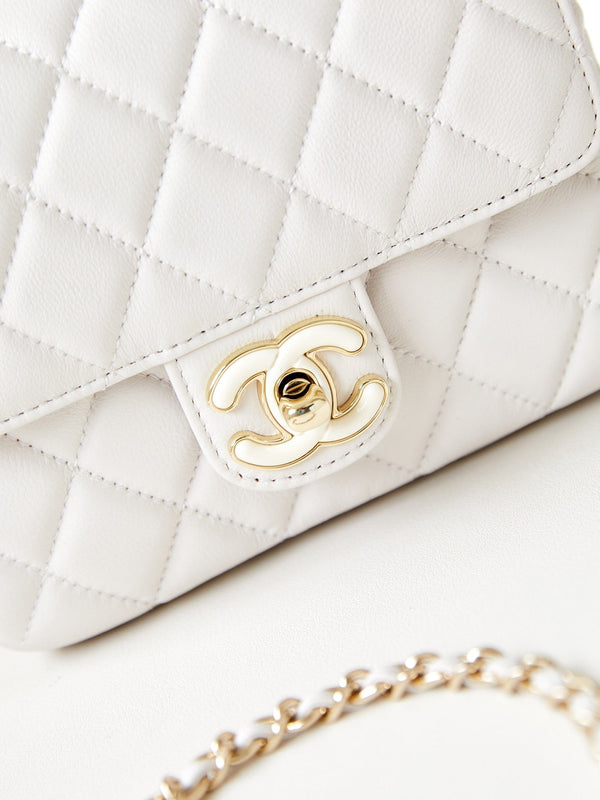 CC Classic Mini Flap Bag 16cm White Lambskin Enamel Buckles 238449