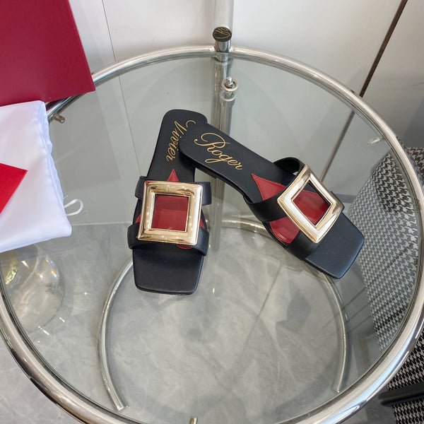 Viv Love Heart Slippers Black Fetal Cowhide 255204