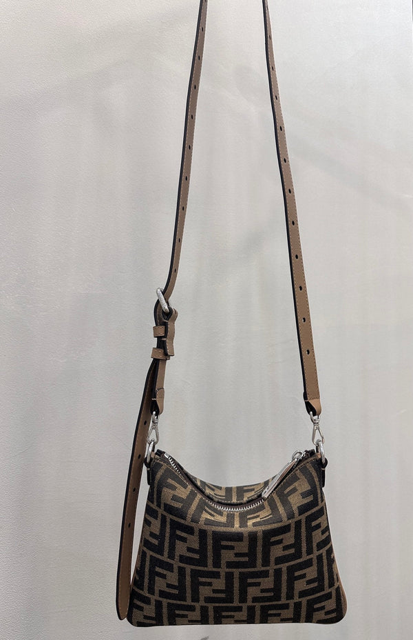 SHOULDER BAG 19 WITH FF MOTIF IN BROWN JACQUARD FABRIC