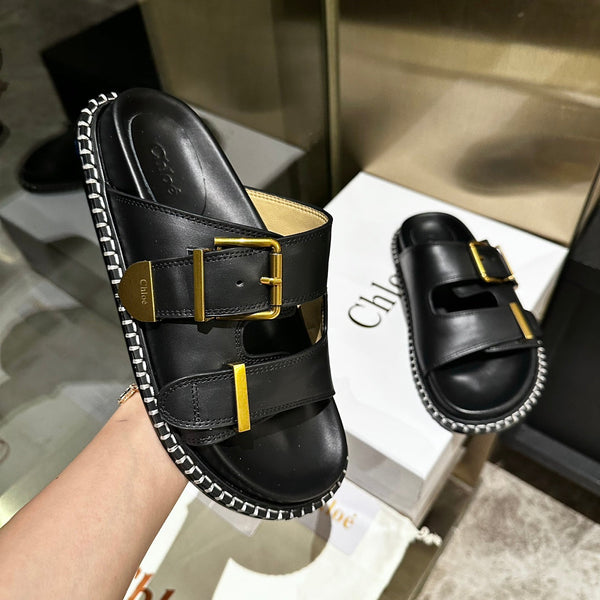 CHLOÉ DAD SANDALS IN BLACK CALFSKIN WITH GOLD HARDWARE