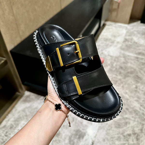 CHLOÉ DAD SANDALS IN BLACK CALFSKIN WITH GOLD HARDWARE