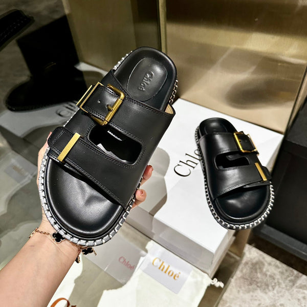 CHLOÉ DAD SANDALS IN BLACK CALFSKIN WITH GOLD HARDWARE