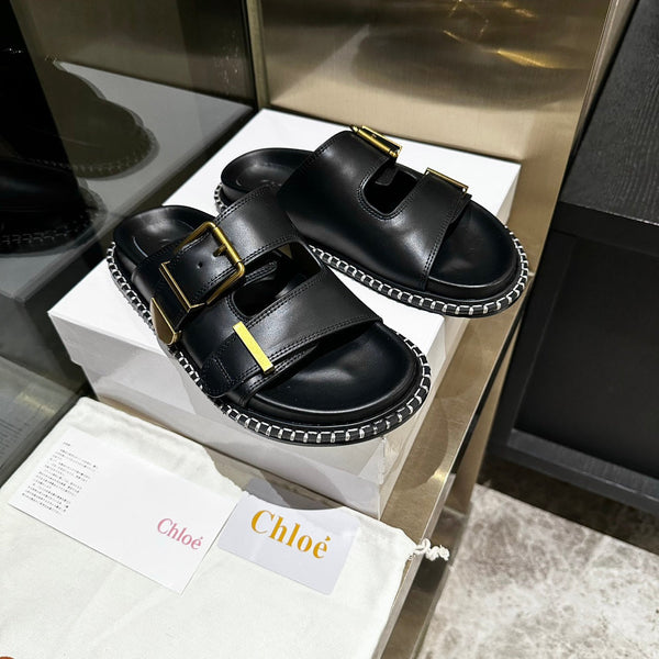 CHLOÉ DAD SANDALS IN BLACK CALFSKIN WITH GOLD HARDWARE