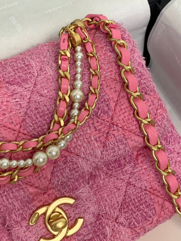 CC 24P Mini Flap Bag 17cm Pink Tweed Pearl Chain Gold Hardware