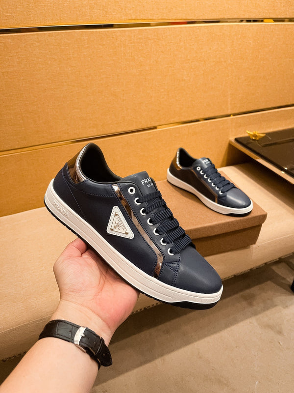 PRA SNEAKER IN NAVY BLUE CALFSKIN WITH GLOSSY GOLDEN