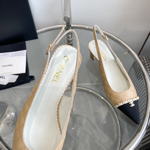 cc slingback pumps 45 beige quilted lambskin black grosgrain pointed toe 582850
