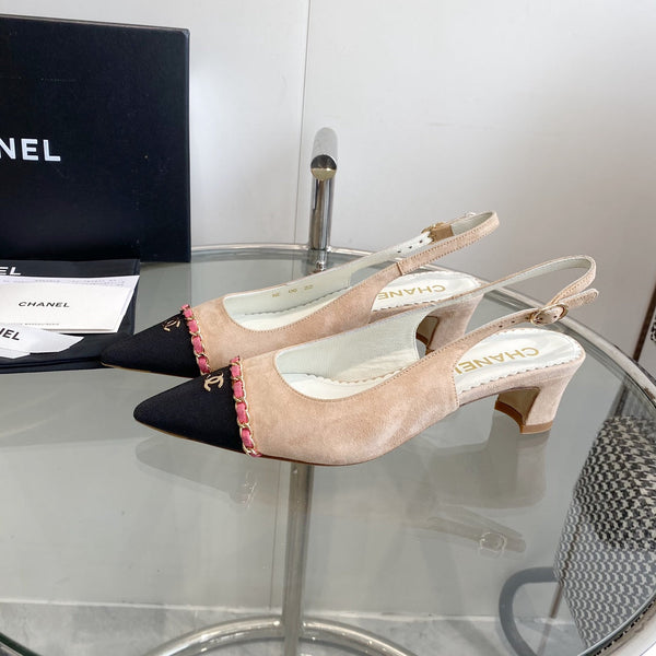 cc slingback pumps 45 beige seude black grosgrain point toe 582852