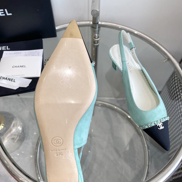 cc slingback pumps 45 sky blue seude black grosgrain point toe 582853