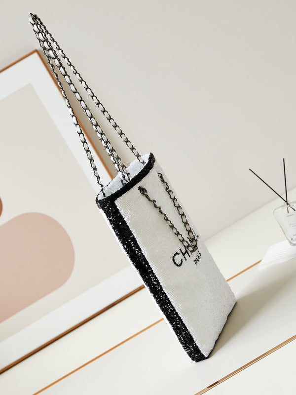 cc 24s31 borsa della spesa bianca nera paillettes hardware nero