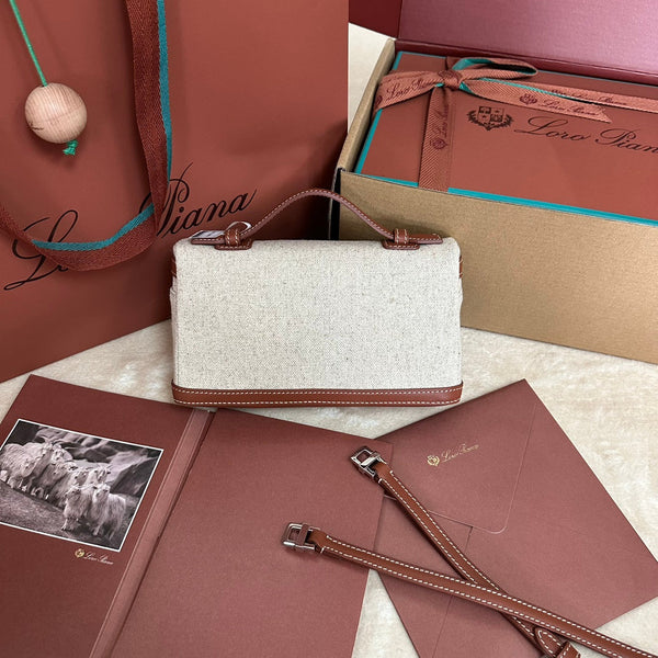 TASCA EXTRA L19 IN TELA BIANCA E PELLE DI VITELLO MARRONE BRONZO CON FERRAMENTA ARGENTATA