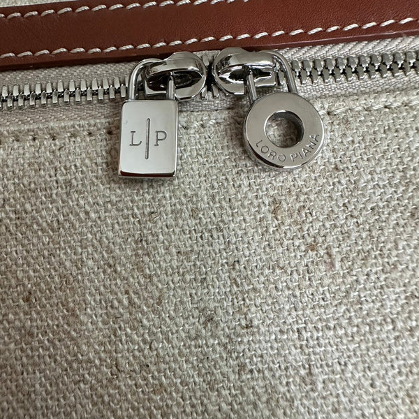 TASCA EXTRA L19 IN TELA BIANCA E PELLE DI VITELLO MARRONE BRONZO CON FERRAMENTA ARGENTATA