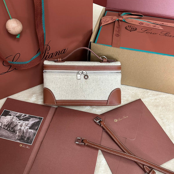 TASCA EXTRA L19 IN TELA BIANCA E PELLE DI VITELLO MARRONE BRONZO CON FERRAMENTA ARGENTATA