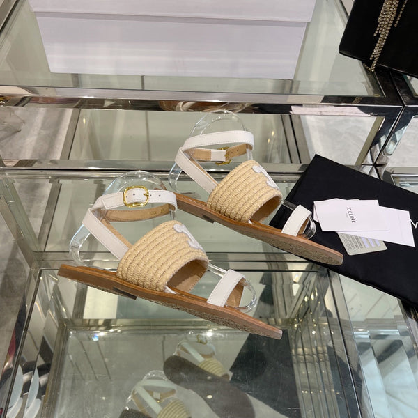 LYMPIAR FLAT STRAP SANDAL IN RAFFIA CALFSKIN WHITE BEIGE