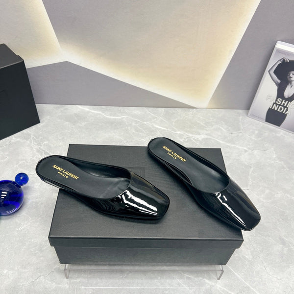 SL SQUARE TOE FLAT MULES BLACK POLISHED CALFSKIN