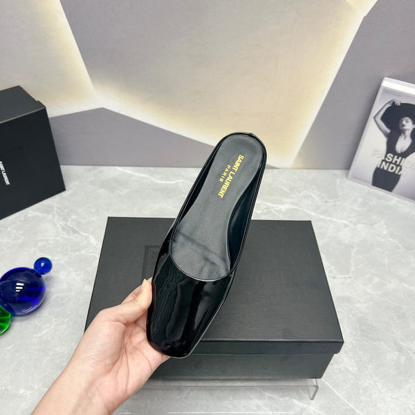 SL SQUARE TOE FLAT MULES BLACK POLISHED CALFSKIN