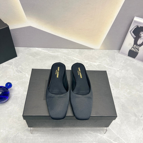 SL SQUARE TOE FLAT MULES BLACK SATIN