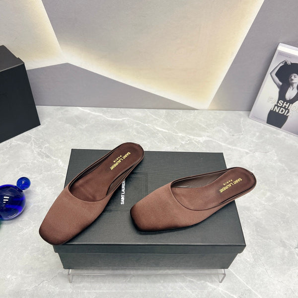 SL SQUARE TOE FLAT MULES BROWN SATIN