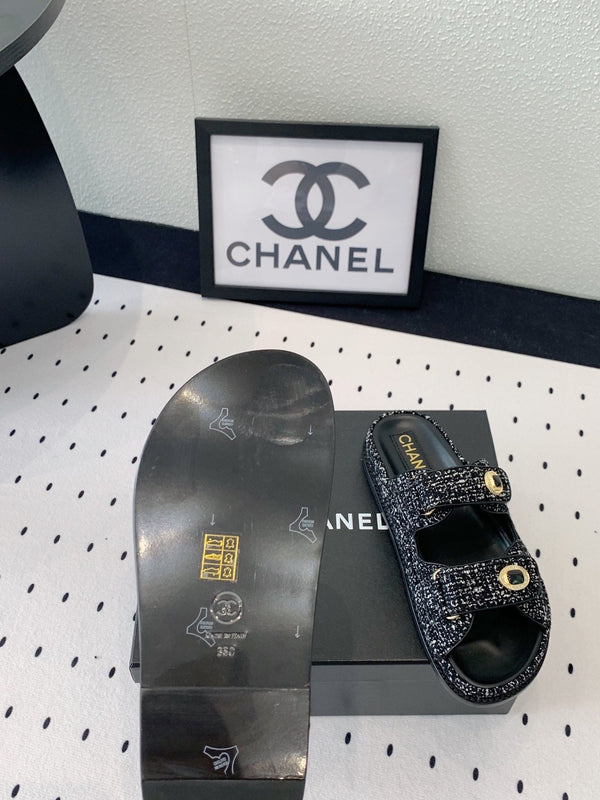 dad sandal mule black white tweed