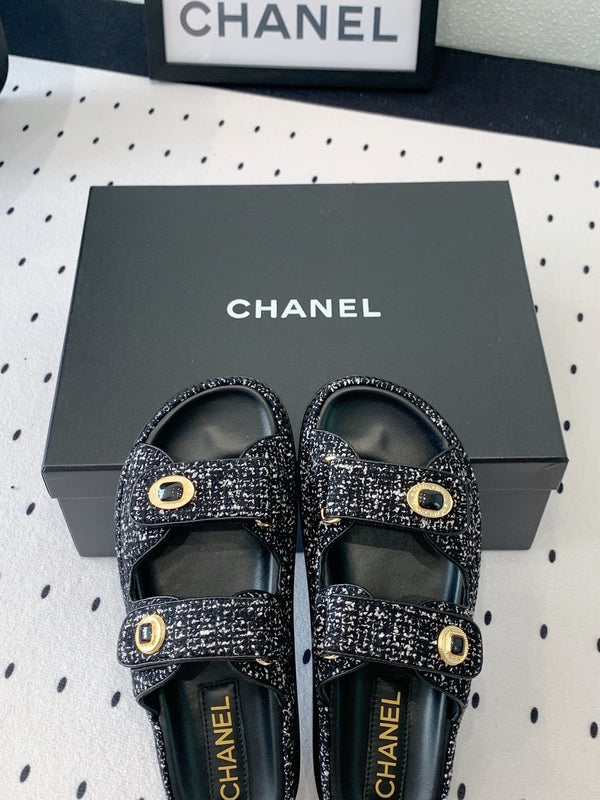 dad sandal mule black white tweed