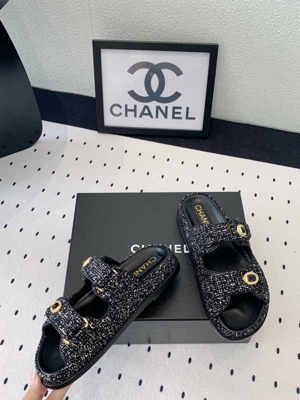 dad sandal mule black white tweed