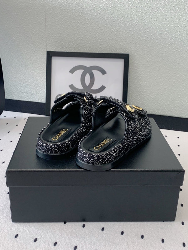 dad sandal mule black white tweed