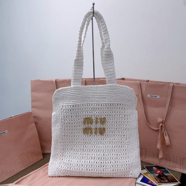 miu tote bag 38cm white woven fabric
