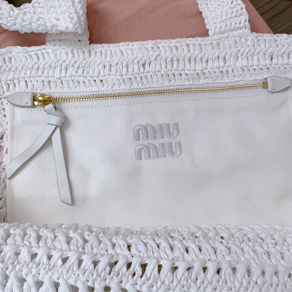 miu tote bag 38cm white woven fabric
