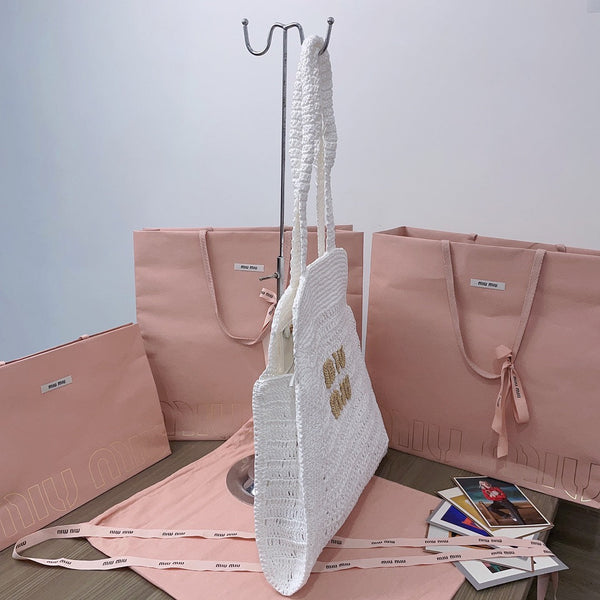 miu tote bag 38cm white woven fabric