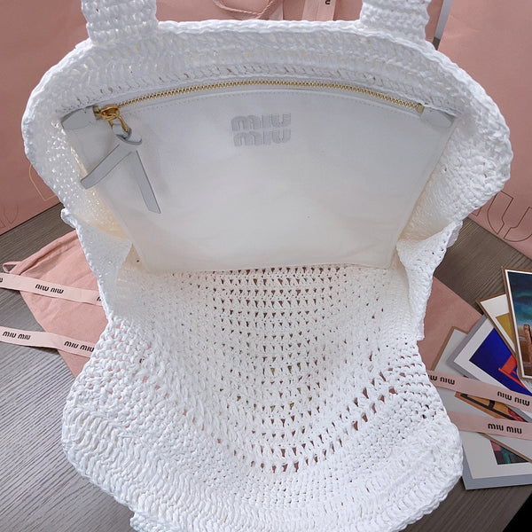 miu tote bag 38cm white woven fabric