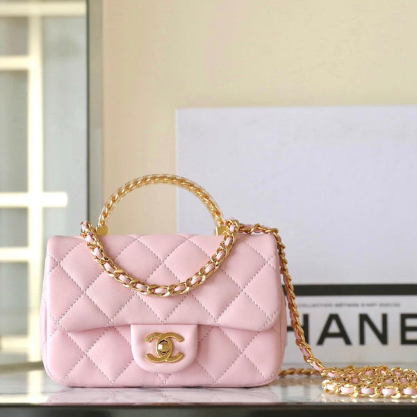 cc 24s flap bag 19cm top handle pink lambskin gold hardware