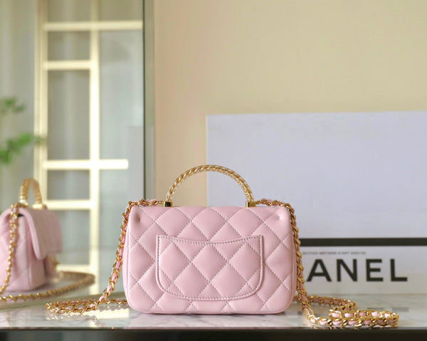 cc 24s flap bag 19cm top handle pink lambskin gold hardware