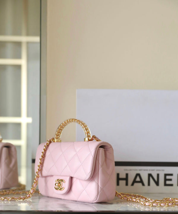cc 24s flap bag 19cm top handle pink lambskin gold hardware