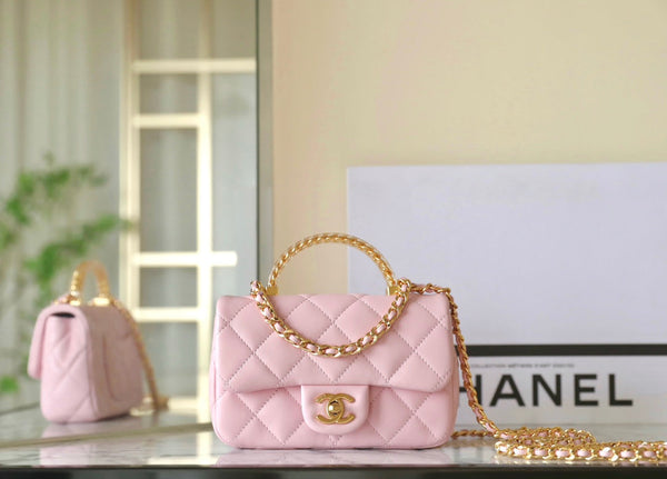 cc 24s flap bag 19cm top handle pink lambskin gold hardware