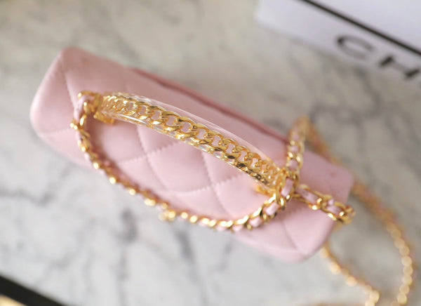 cc 24s flap bag 19cm top handle pink lambskin gold hardware