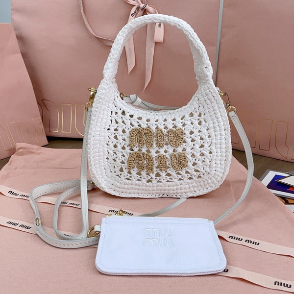 borsa hobo miu wander 20cm tessuto intrecciato bianco
