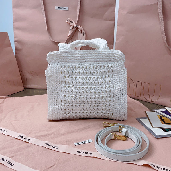 borsa tote miu 22cm tessuto intrecciato bianco