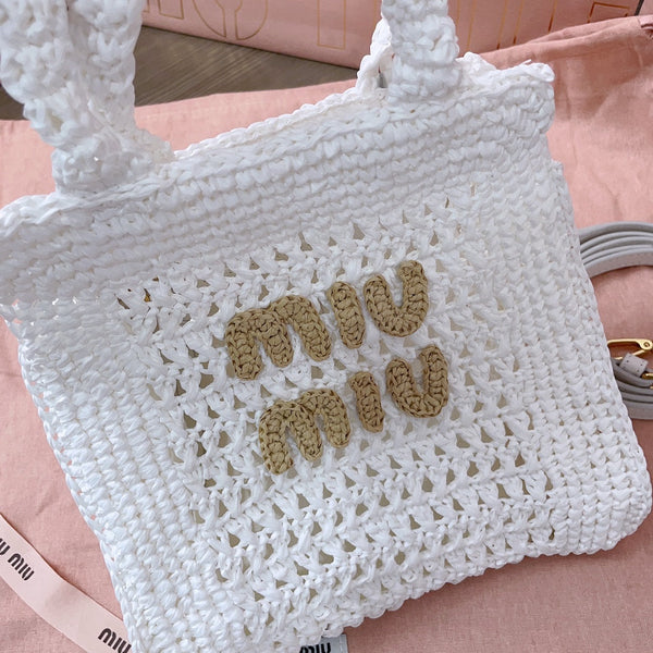 borsa tote miu 22cm tessuto intrecciato bianco