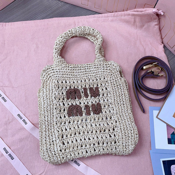 miu tote bag 22cm beige woven fabric