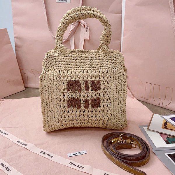 miu tote bag 22cm beige woven fabric