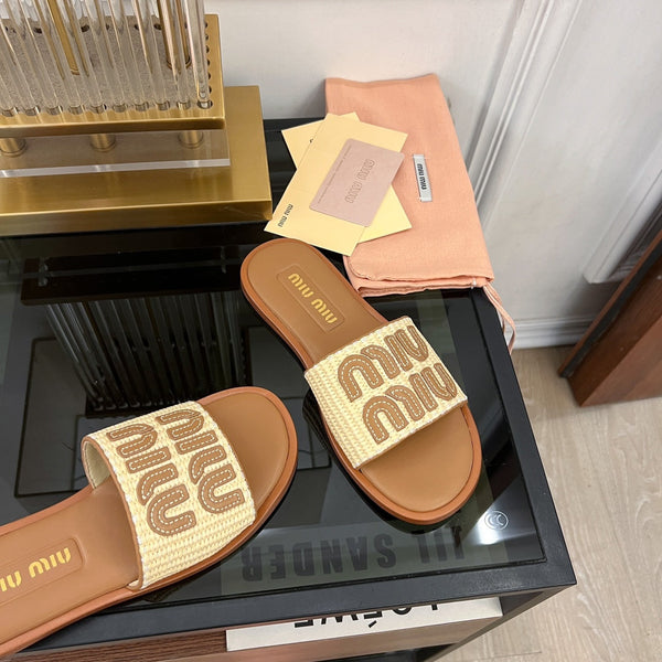 Miu 25S Beige and Gold Canvas and leather slides 678740