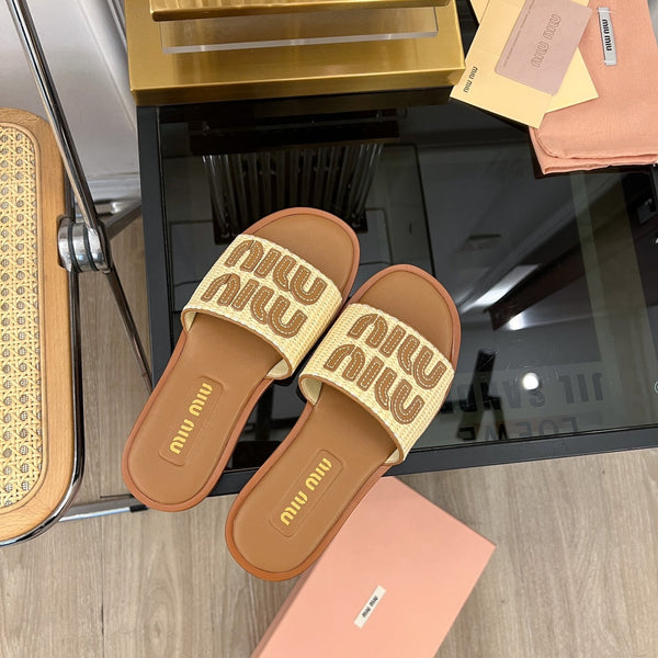Miu 25S Beige and Gold Canvas and leather slides 678740