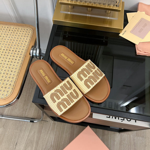 Miu 25S Beige and Gold Canvas and leather slides 678740