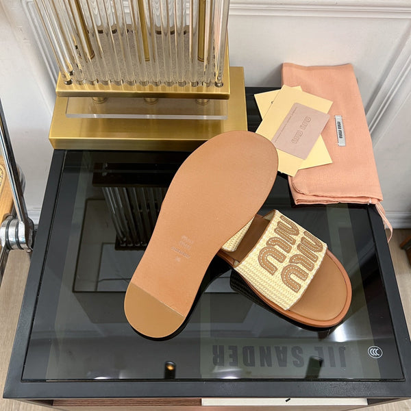 Miu 25S Beige and Gold Canvas and leather slides 678740