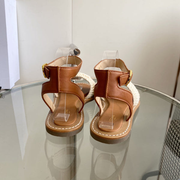 LYMPIA SANDAL IN WHITE TRIOMPHE MACCRAMÉ COTTON AND TAN CALFSKIN