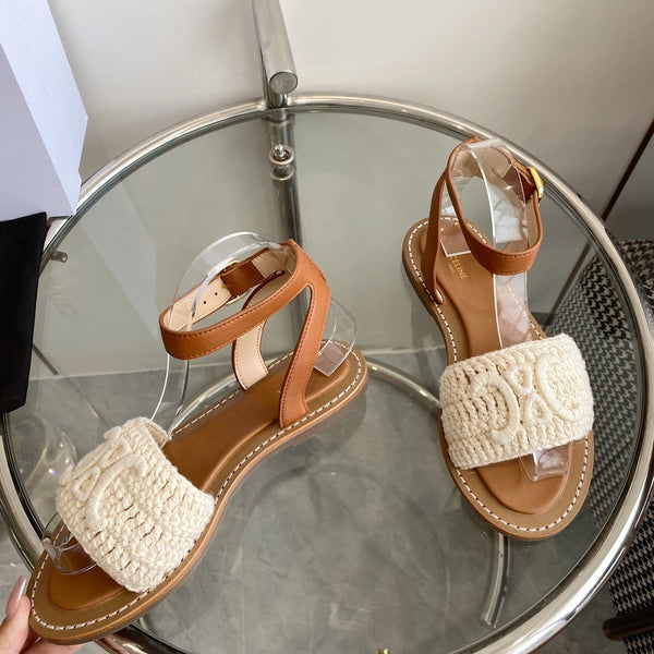 LYMPIA SANDAL IN WHITE TRIOMPHE MACCRAMÉ COTTON AND TAN CALFSKIN